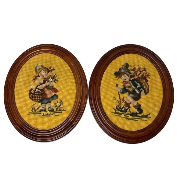 Vintage Needlepoint Hummel-Look Girl & Boy Oval Framed Petit Point Wood Gold - Picture 7 of 7